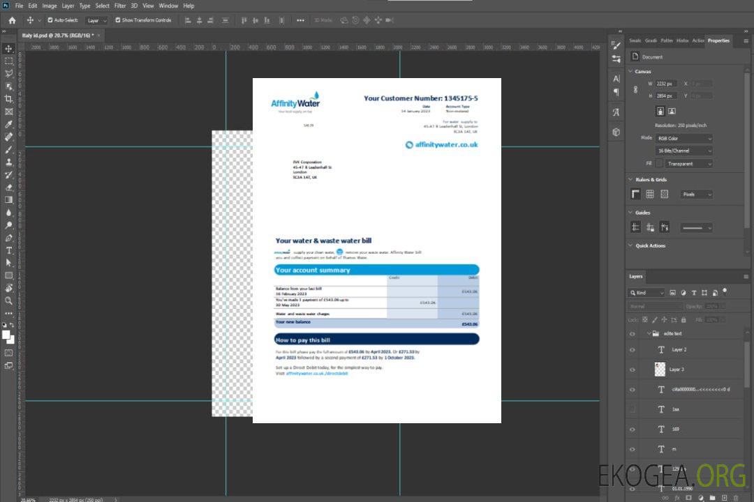 Facture commerciale du service public d'Affinity Water, SCR template